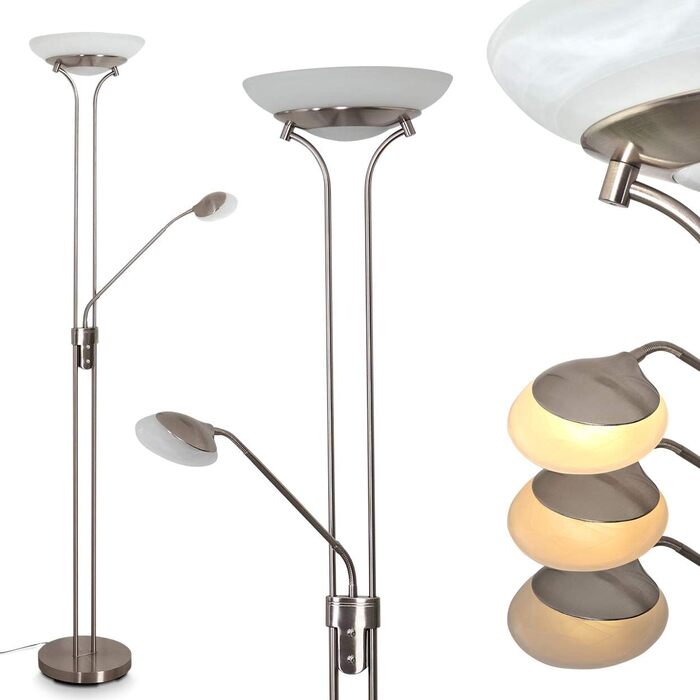 LED торшер Rom з металу, диммування, поворотний диммер на корпусі, 18W (1600Lm) + 5W (480Lm), 3000K (тепле біле світло), регульований бра, Нікель Матовий
