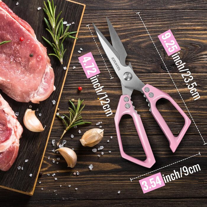 Набір кухонних ножиць 5-в-1 з пінцетом, кухонні ножиці з титановим покриттям, нержавіюча сталь, придатні для миття в посудомийній машині, універсальні ножиці для кухні, птиці, риби, м'яса (рожеві)