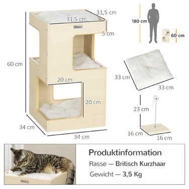 PawHut Будиночок для котів PawHut, 3-ярусний котячий шафка, закритий котячий будинок для дому з подушкою та іграшками з дуба, 34x34x60 см для любителів котів