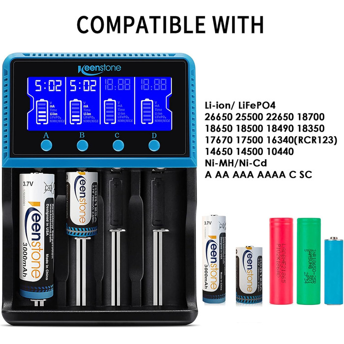 Зарядний пристрій Universal для акумуляторів 18650, LCD Smart, 4 слоти, Ni-MH/Ni-Cd AA/AAA, Li-Ion/LiFePO4/IMR 10440-26650
