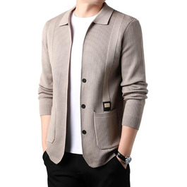 Чоловічий в'язаний жакет з ревером та довгими рукавами, з кишенями, бежевий, для осені