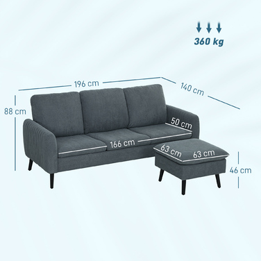 HOMCOM Corner Sofa Bed with Ottoman, 3 Throw Pillows, L-Shaped Corner Sofa for Living Room, Bedroom 196 x 140 x 88 cm Grey | Aosom