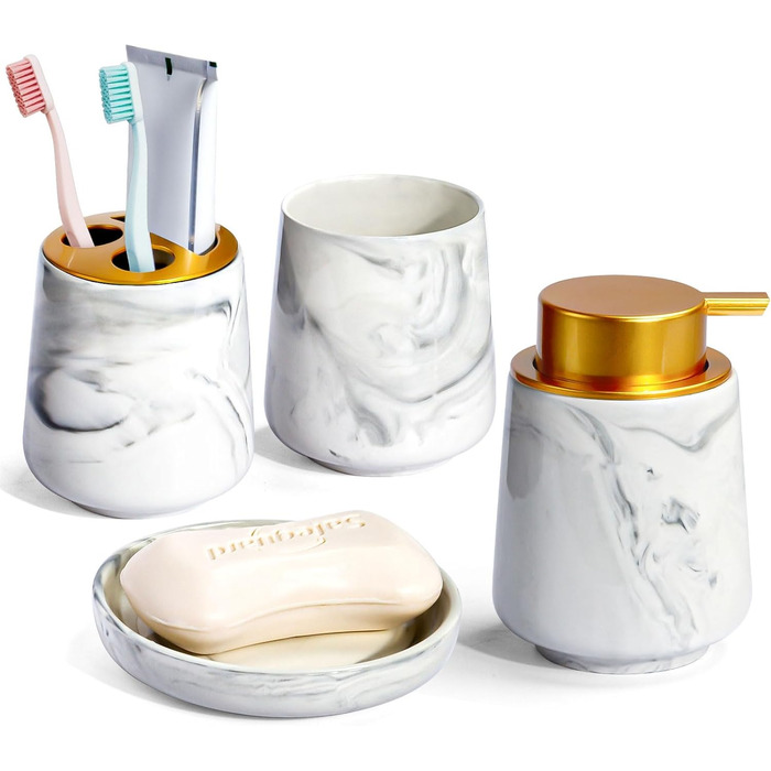 Набір аксесуарів для ванної кімнати з дозатором мила, мильницею, тримачем для зубних щіток та склянкою. Мармурова імітація, білий колір. 4 шт.