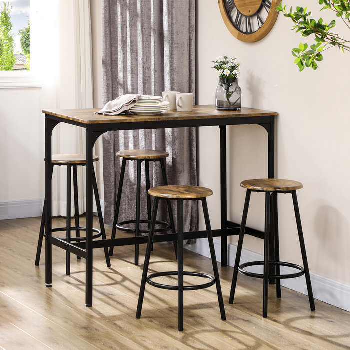 HOMCOM Bar Table Set 5-Piece with 4 Bar Stools, Kitchen Table in Industrial Design, Rustic Brown, Metal Dining Set for Kitchen & Bar