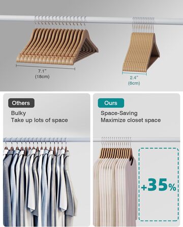 20 дерев'яних вішалок для одягу, 360° обертання, антиковзкі насічки, для костюмів, курток, сорочок, суконь, 44,5 x 0,85 x 21,5 см, AWY0520N, натуральний колір