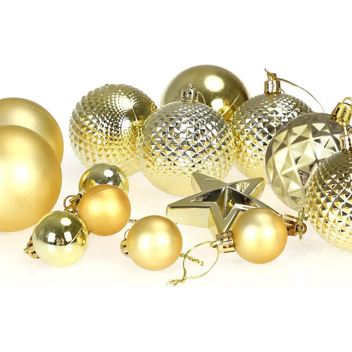 DEUBA® Новорічні кулі 66 шт. Ø 3-6 см, пластик, матові та глянцеві, прикраси для ялинки, золоті