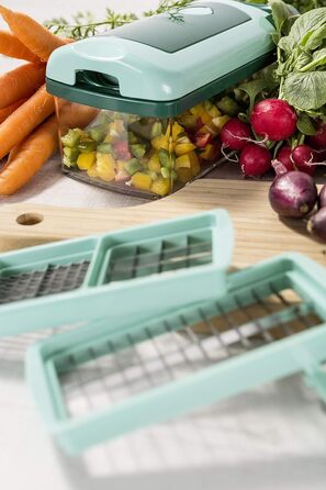 Набір для нарізання овочів Genius Nicer Dicer Fusion Julietti | 16 частин | Універсальний овочеріз | Слайсер, 26.5 x 11.5 x 14.5 см, м'ятно-зелений