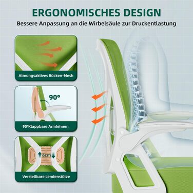 Ергономічне крісло для офісу, офісне крісло з підйомними підлокітниками, регульована поперекова підтримка, регульоване крісло для начальника, поворотне крісло, сітчасте крісло з функцією гойдання до 125° (Зелений, без підголівника)