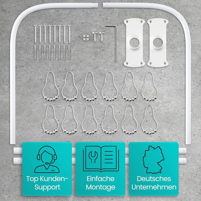 Штанга для душу без свердління з 12 кільцями - телескопічна сталева штанга 120-215 см для ванни та душу (біла)