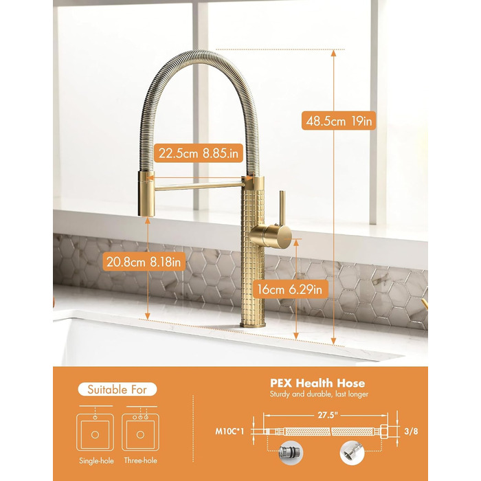 Кухонний змішувач TIMACO висувний, поворотний на 360°, золото. Змішувач для кухні, одноручний, для мийки.