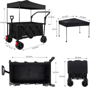 3 в 1 вагончик-тележка складний з гальмами, 150л, 136кг, чорний