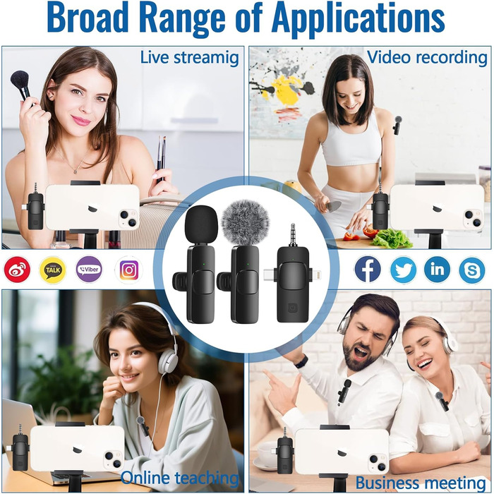 Набір бездротових петличних мікрофонів 2 шт. з шумозаглушенням, Plug & Play для iPhone, Android, iPad, Laptop, для відеозйомки, подкастів, Vlog, YouTube, TikTok
