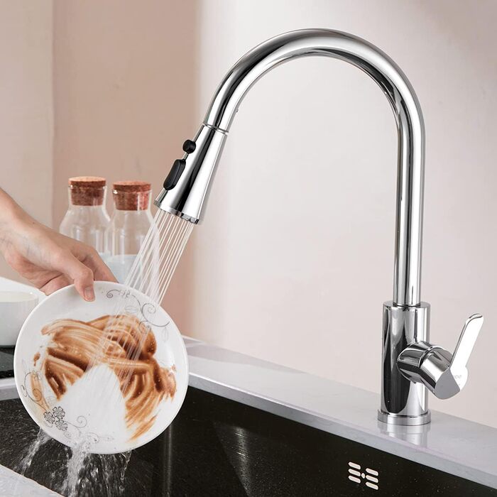 Змішувач для кухні Cobbe з висувною лійкою, 2 режими, високий поворотний вилив, однорідний важіль (хром)