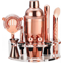 Cocktail Shaker Set, Stainless Steel Cocktail Set with 12-Piece Bar Accessories, 750ML Shaker Bartender Set with Stand, Cocktail Machine Bar Set for Home, Gifts for Men Dad Bartender (Rose Gold)