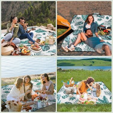 Плед для пікніка HAUSPROFI 200x300 см, водонепроникний, ізольований, XXL. Для пікніка, пляжу, кемпінгу. Бавовняна підкладка, ручка для перенесення, кілочки. Зручний, миючий, тримає форму. Зелений рослинний принт.