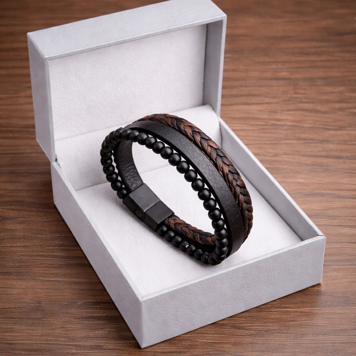 Чоловічий шкіряний браслет: товсте чорне плетіння, 19-22 см — ідеальний подарунок