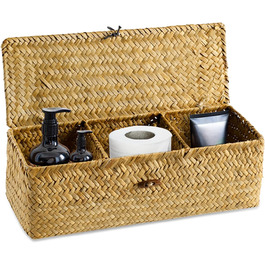 Rattan Woven Storage Basket, Storage Box with Lid, Seagrass, Laundry Baskets, Makeup Organizer for Bathroom, Living Room, Kitchen (Three Sections)