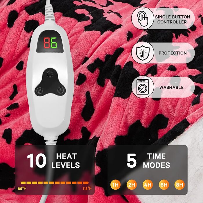 Електрична грілка з принтом корів, подвійний розмір 157x213 см, фіолетовий колір, 10 режимів нагріву, автоматичне вимкнення через 8 годин, флісова/шерпа, для жінок, подарунок