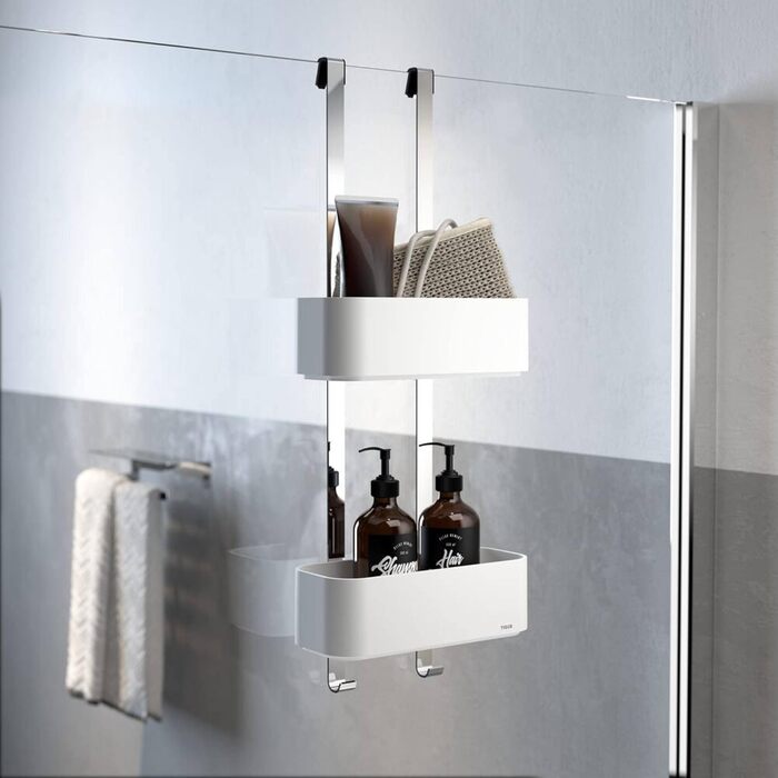 Tiger 2-Tier Shower Caddy, Shower Shelf without Drilling, for Hanging on the Shower Wall, Shower Shelf with Storage for Shower Gel & Co., with Integrated Hook, Stainless Steel, Plastic, Color: White