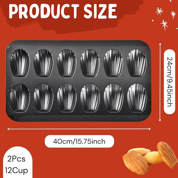 Форма для мадленів (2 шт) з антипригарним покриттям, 12 отворів, 40x24 см, з нержавіючої сталі