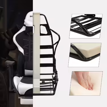 SONGMICS Gaming Chair with Footrest, 330 lbs, Office Chair, Desk Chair, Lumbar Pillow, Headrest, High Backrest, Ergonomic, Steel, Faux Leather, Breathable Mesh Fabric, Black-White RCG52BW Black + White