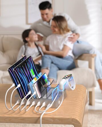Зарядна станція SooPii USB, 6 портів 50W, з кабелями та тримачем для iWatch, біла (срібло)