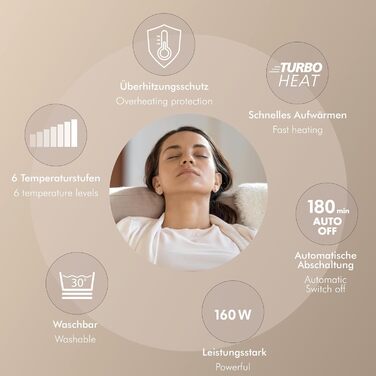 Електрична гріюча ковдра Promed з автовимкненням, миюча, 180x130 см, 10 температурних режимів, для шиї, плечей та спини (Бежева)