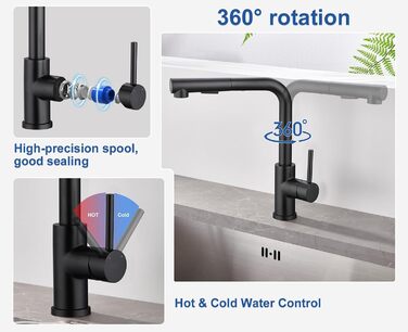 Висувна кухонна змішувач з душем, 360° поворот, кухонна арматура з двома режимами струменя, з нержавіючої сталі, чорний, з висувною насадкою