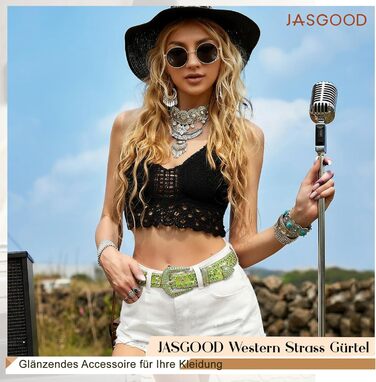 Жіночий шкіряний ремінь JasGood з камінням, стиль вестерн, ковбойський, з заклепками, для джинсів та штанів (Зелений, 135 см, підходить для розміру штанів 111-123 см)