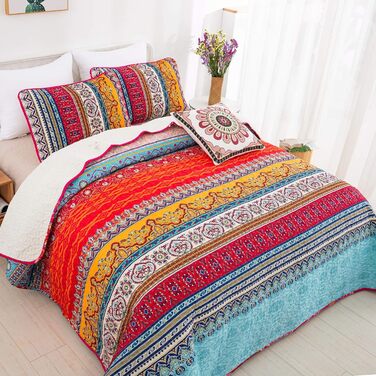 WONGS BEDDING Quilt Set 220x240 Bedspread Bohemian Throw Blanket Stepped Quilt 3-Piece Double Bed Quilted Bedspread Microfiber Living Room Blanket with 2 Pillowcases 50x70 for Bedroom as Sofa Throw (Bohemian)