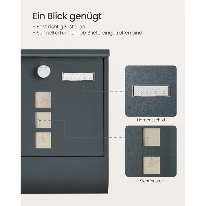 Поштова скринька SONGMICS з замком, оглядовим вікном та відділенням для газет, антрацит, 33.8x30.8x10 см