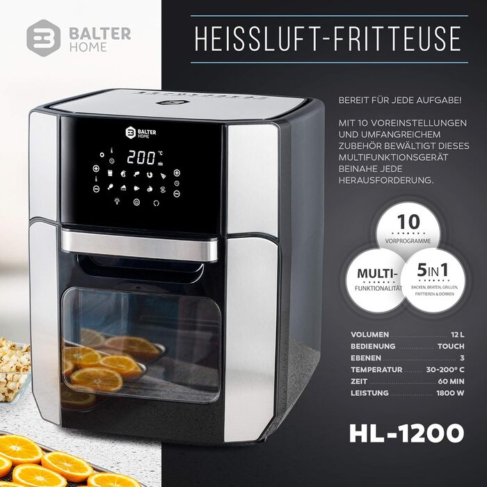 Balter Hot Air Fryer HL-1200, Fryer, 12 Liter, Mini Oven, Dehydrator Function, LCD Display, 10 Programs, incl. Recipe Booklet and Accessories