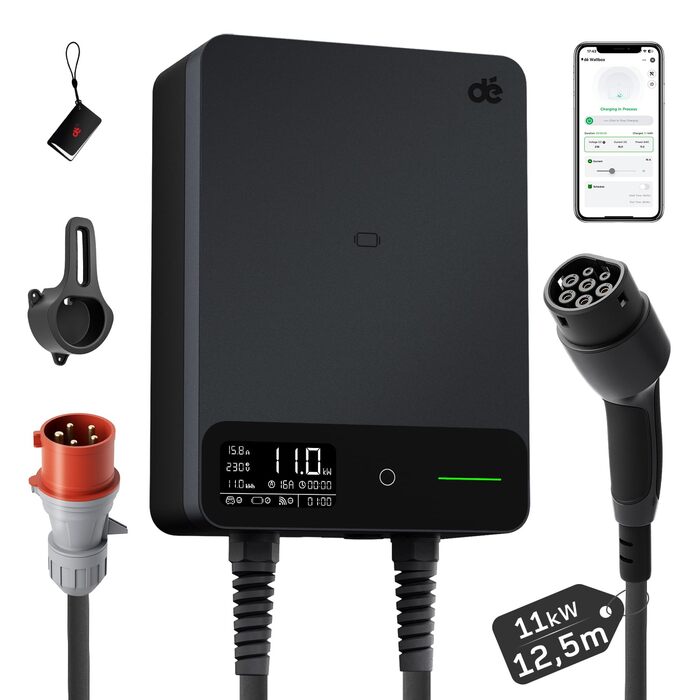 Wallbox 11 кВт з Wi-Fi та кабелем Type 2 7,5м, 3-фазне зарядне для електромобілів (BEV/PHEV), 400V, RCD Type A 30mA AC/6mA DC, IP54, чорний