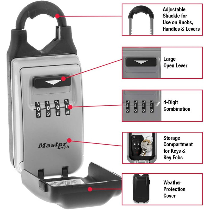 Master Lock 5415D Heavy Duty Key Lock Box - Zinc Wall Mount, Durable Adjustable Shackle