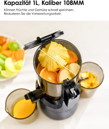 Шнекова соковижималка Fretta Slow Juicer з широким завантажувальним отвором для цілих овочів та фруктів, BPA-free Tritan, 1 л, димчасто-чорна