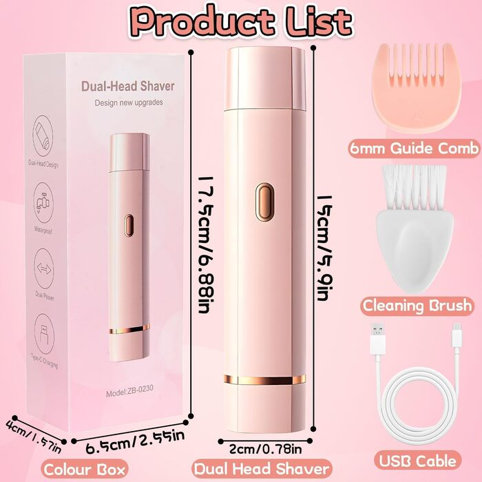 Електричний триммер для інтимної зони для жінок 2-в-1, вологостійкий (IPX7), для обличчя, рук, ніг, тіла та зони бікіні (рожевий)