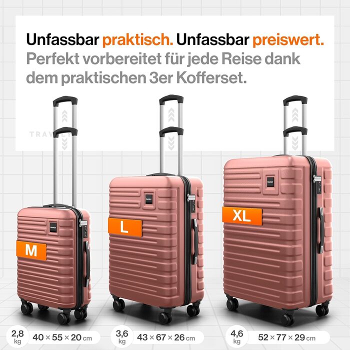 Набір валіз Travely з полікарбонату: 77см, 67см, ручна поклажа, TSA-замок, рожеве золото