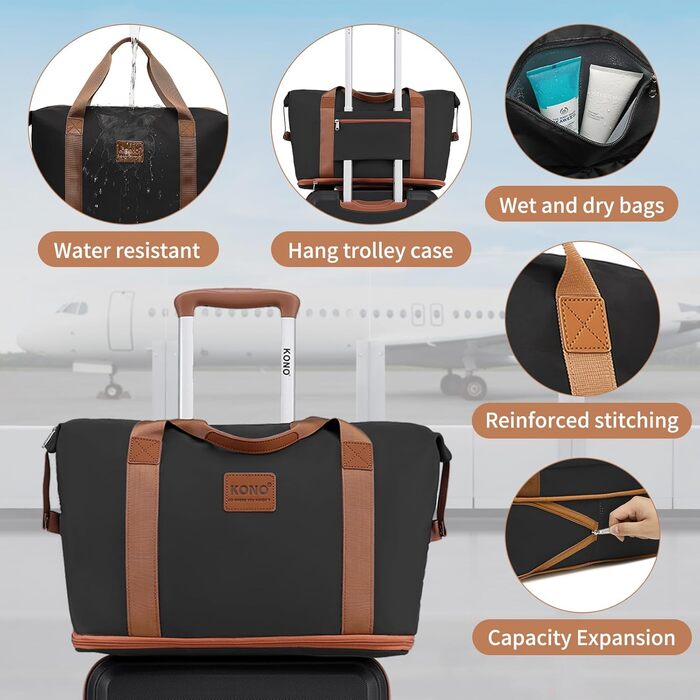 Набір валіз KONO 4 в 1: велика валіза, ручна валіза 55 см, косметичка та сумка для подорожей (чорний/коричневий)