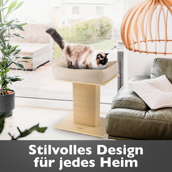 Nemmy Premium Cat Tree Small Beige | Stable Scratching Post Extra Wide | Cat Bed with Cushion | Cat Tree for Large Cats | Modern Wood Natural | Scratching Column | Scratching Post