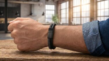 Чоловічий шкіряний браслет Baresi STEEL MB-0022: подвійний шнур, магнітний замок, регульований (19.5-21 см), чорний. З подарунковою упаковкою