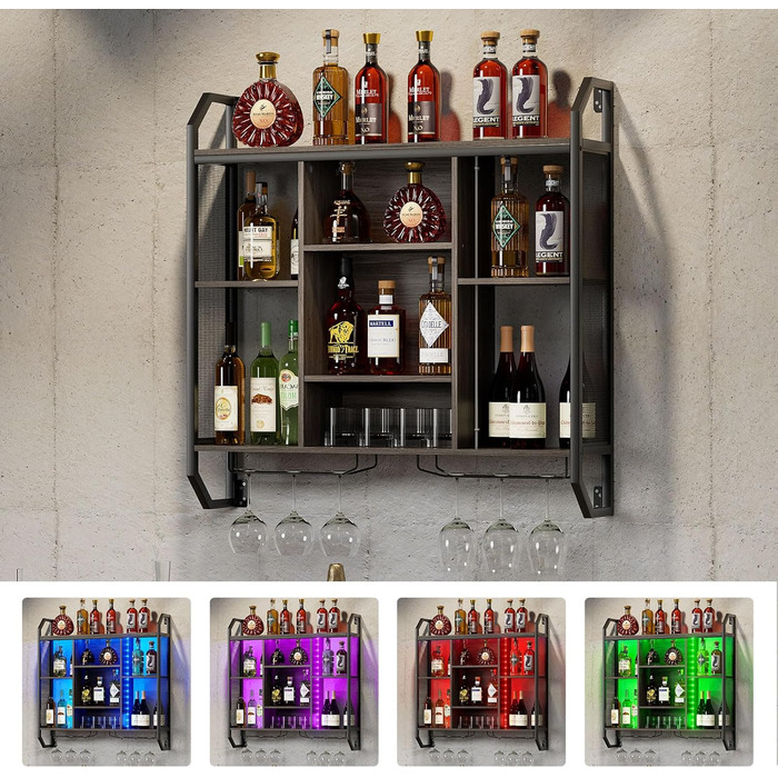 Настінна вітрина для вина з LED-підсвіткою 90x90 см з металу та MDF. Полиці для вин з тримачами для келихів. Регульована полиця для бару, винного підвалу, кухні.