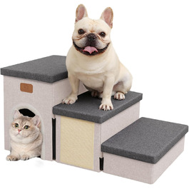 Сходинка для собак Downluxe: 3 сходинки для маленьких собак, з антиковзким покриттям, когтеточкою та гніздом (сіро-бежевий)