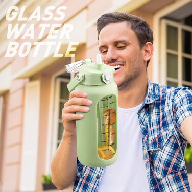 2L Glass Water Bottle with 2 Lids, Flip and Tumble, Lid, 2 Liter Large Water Jug with Time Marker and Silicone Sleeve, BPA-free, Leak-proof for Sports Gym, (Light Green)