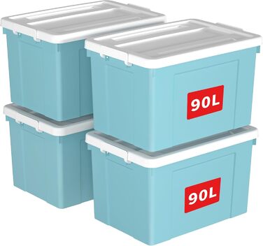 Cetomo 65 l x 6 Plastic Storage Box, Tote Bag, Organizer Container with Sturdy Lid and Secure Locking Buckles, Stackable and Nestable, 6 Pieces, Blue with Buckle (90L*4)