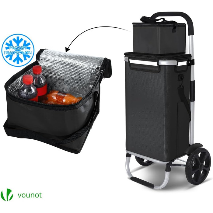 Складна господарська сумка-візок VOUNOT 50 л з алюмінію, водонепроникна з термовідділенням, великі колеса з бризковиками, чорна