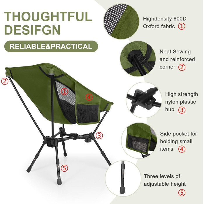 Складний туристичний стілець TOPCHANCES, 150 кг, армійний, з кишенею, дихаюча сітка для пікніків та відпочинку на природі