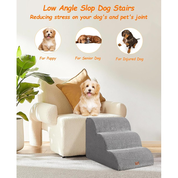 Сходинки для собак 3 сходинки, антиковзкі, сірого кольору. Підходять для маленьких собак, знімний та миючий чохол, 41 см заввишки