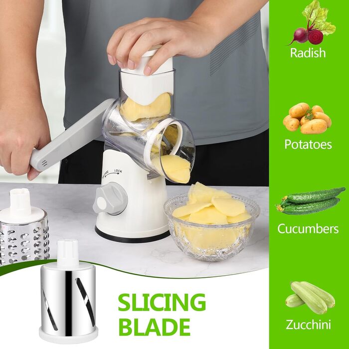 Механічна тертка для сиру та овочів Diealles Shine з ручкою, 3 змінні леза з нержавіючої сталі, для сиру, овочів, горіхів, кави, білий колір
