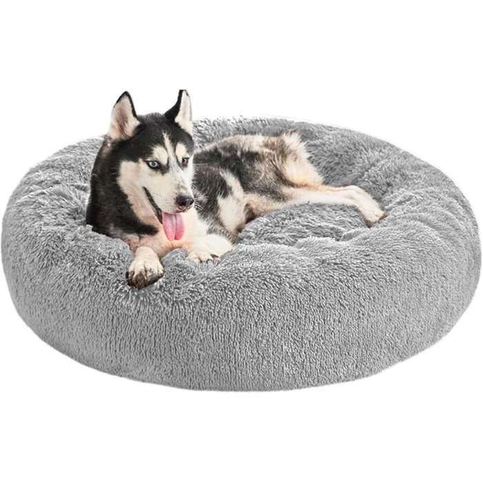 М'яке ліжко для собак великих порід та котів - кругле шорстке ліжко з високими бортиками - антиковзаюче дно - силіконова наповнювач - комфортне місце для сну - 90 см - зручне та довговічне - сірий колір
