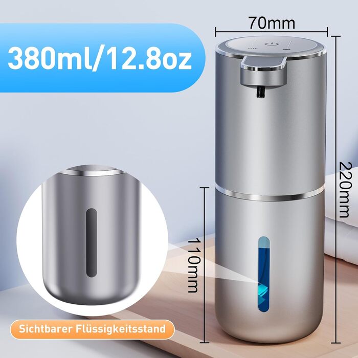 Automatic Soap Dispenser Wall Mount with Sensor Infrared, 380ml Electric Soap Dispenser No Drilling with USB Rechargeable, IPX5 Waterproof for Bathroom Toilet Kitchen - Silver